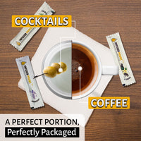 Coffee and cocktail glass with Infused Pours slogan 'A Perfect Portion, Perfectly Packaged' – single  serving syrup packets.