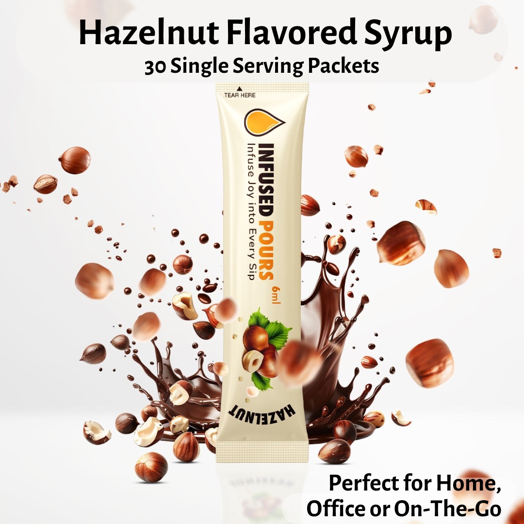 Single-serve hazelnut syrup packet labeled perfect for home, office, or on the go