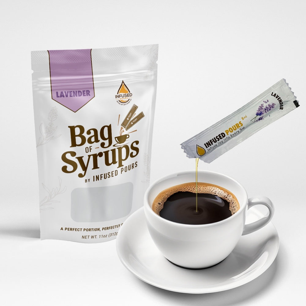 Bag of lavender syrup packets pouring into a coffee cup