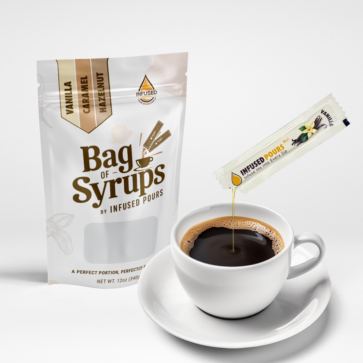 Bag of original variety pack syrup packets pouring into a coffee cup
