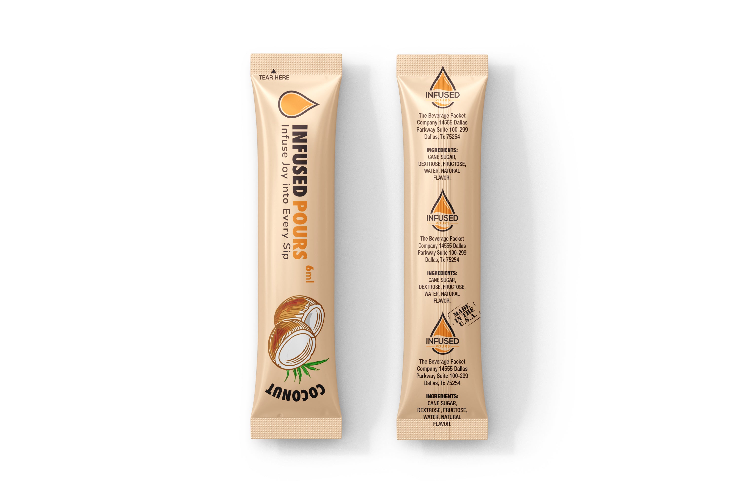 Close-up of an individual coconut syrup packet