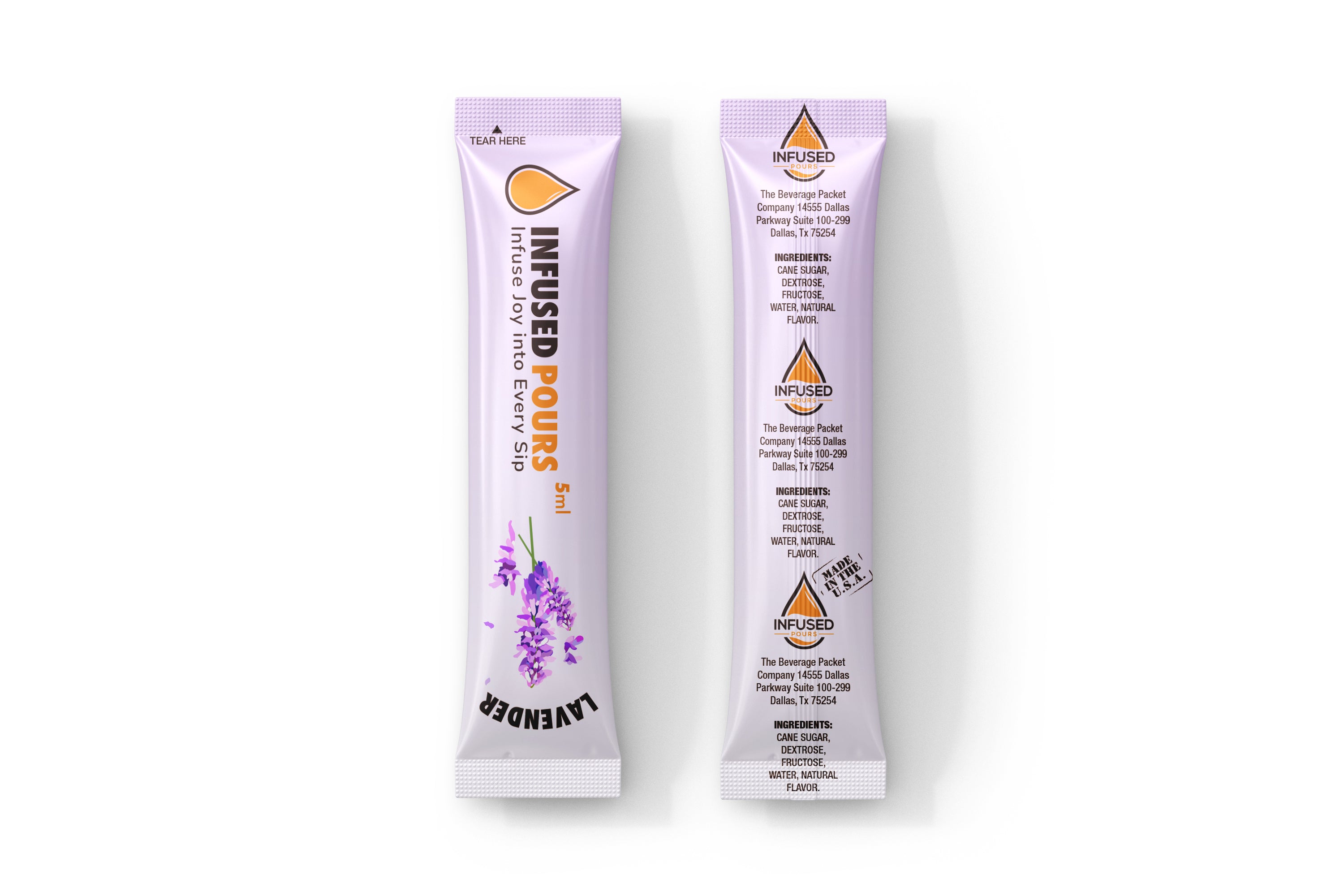 Close-up of an individual lavender syrup packet