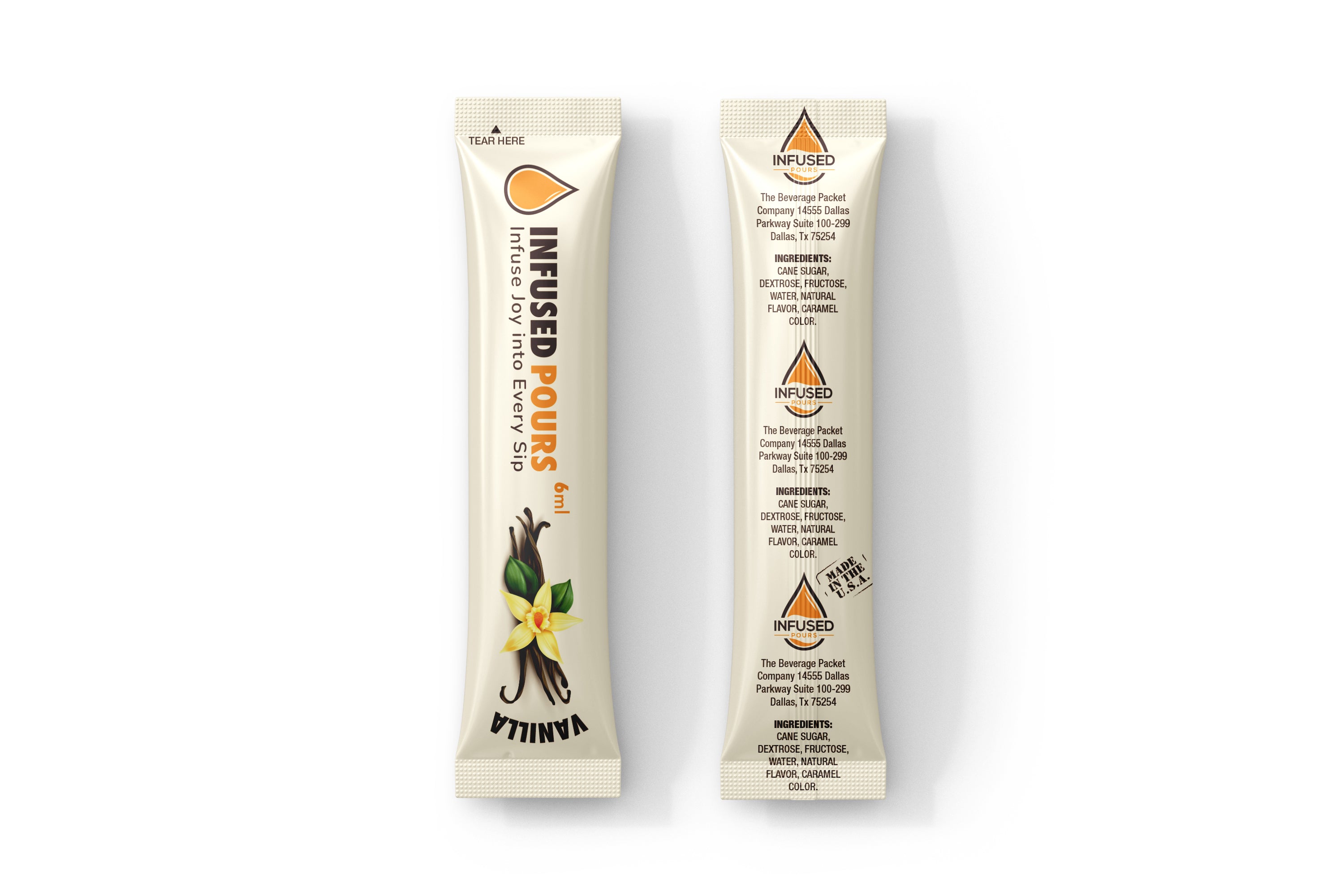 Close-up of an individual vanilla syrup packet