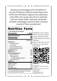 Nutritional facts label for Infused Pours sugar-free hazelnut syrup packets – 0 calories, 0 carbs, diet-friendly.