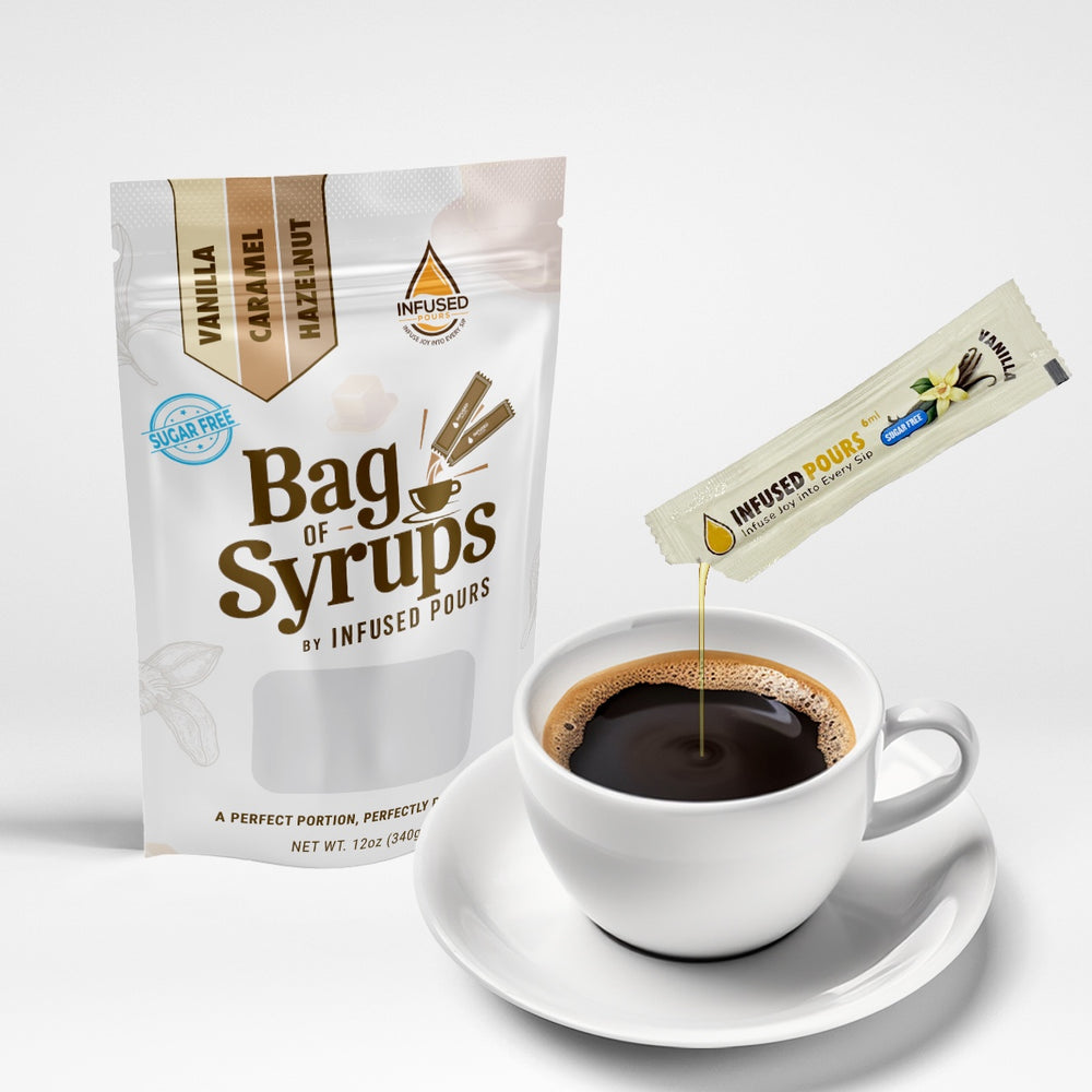 Bag of Syrups sugar free variety pack packets pouring into a coffee cup