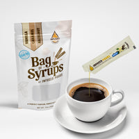 Bag of Syrups sugar free variety pack packets pouring into a coffee cup