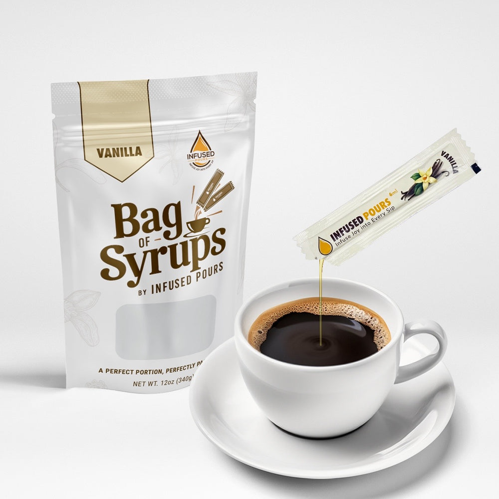 Bag of vanilla syrup packets pouring into a coffee cup