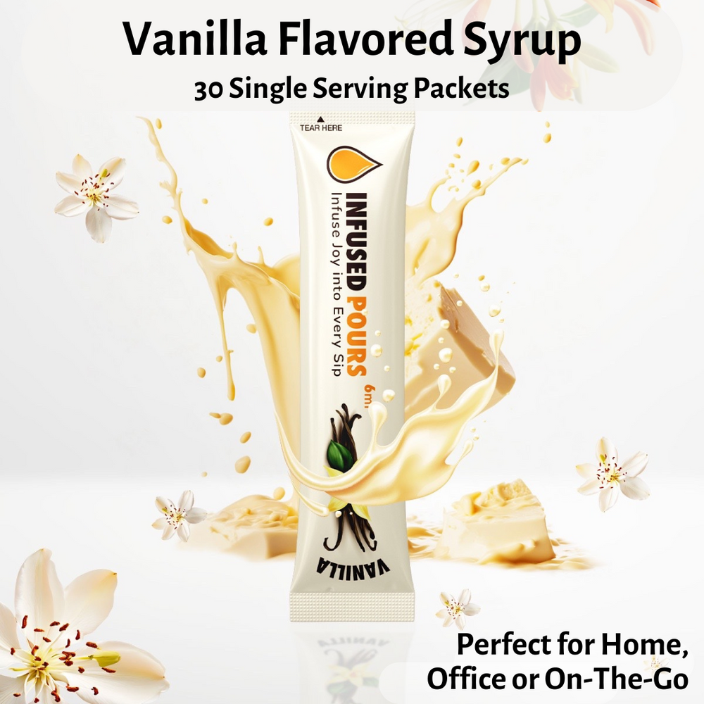 Single-serve vanilla syrup packet labeled perfect for home, office, or on the go