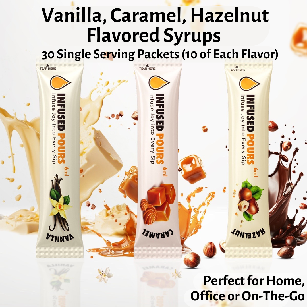 Single-serve variety syrup packet labeled perfect for home, office, or on the go